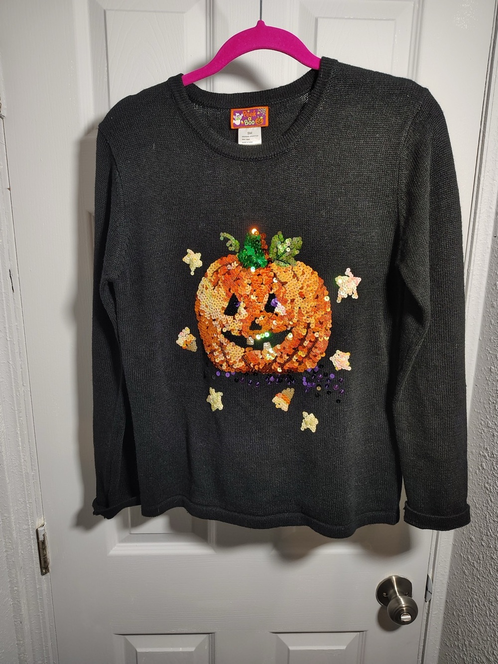 Kids Black Sequin Pumpkin Long-Sleeve Top